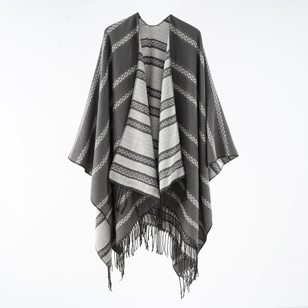 Women's wool blend wrap poncho in jacquard stripe with fringes Mune Fashion