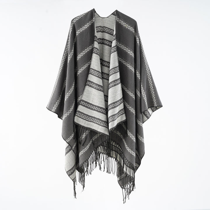 Women's wool blend wrap poncho in jacquard stripe with fringes Mune Fashion