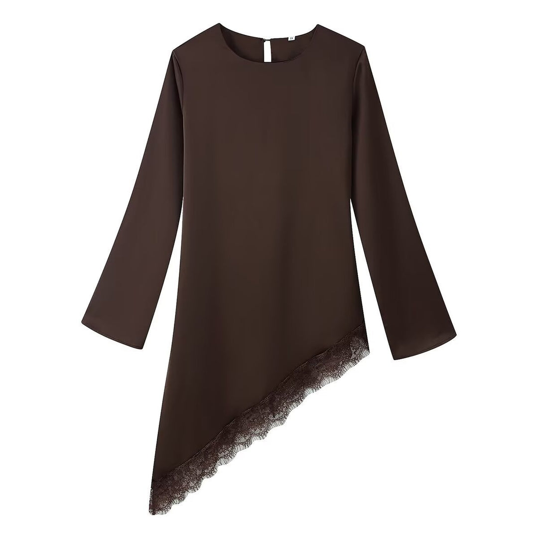 Women Asymmetric Tunic Blouse with Lace Trim and Wide Sleeve Mune Fashion