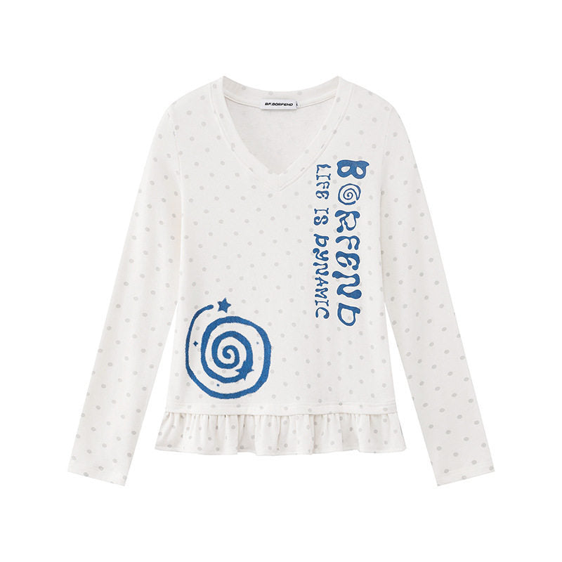 Women's long sleeve shirt with V-neck, ruffled hem and graphic spiral motif Mune Fashion