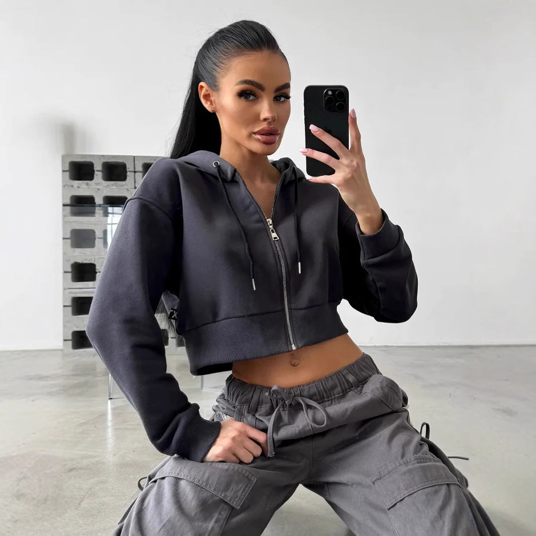 Women's Cropped Hooded Jacket with Short Zipper and Wide Ribbed Cuff Mune Fashion