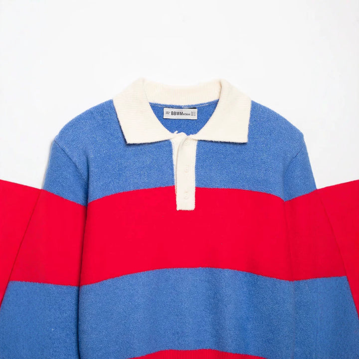 Women's Striped Rugby Sweater with Polo Collar and Short Cut Mune Fashion