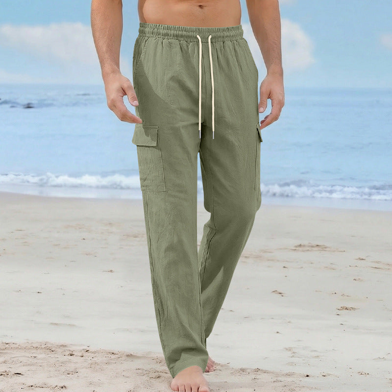 Men's cargo beach pants made of linen blend with elastic waistband and drawstring Mune Fashion