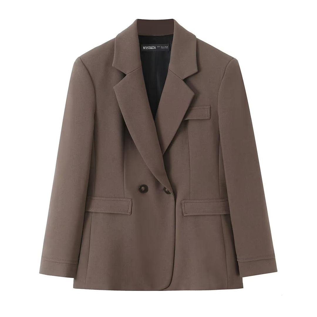 Women's Two-Piece Suit Set with Tailored Double-Breasted Blazer and High-Waisted Pleated Trousers Mune Fashion