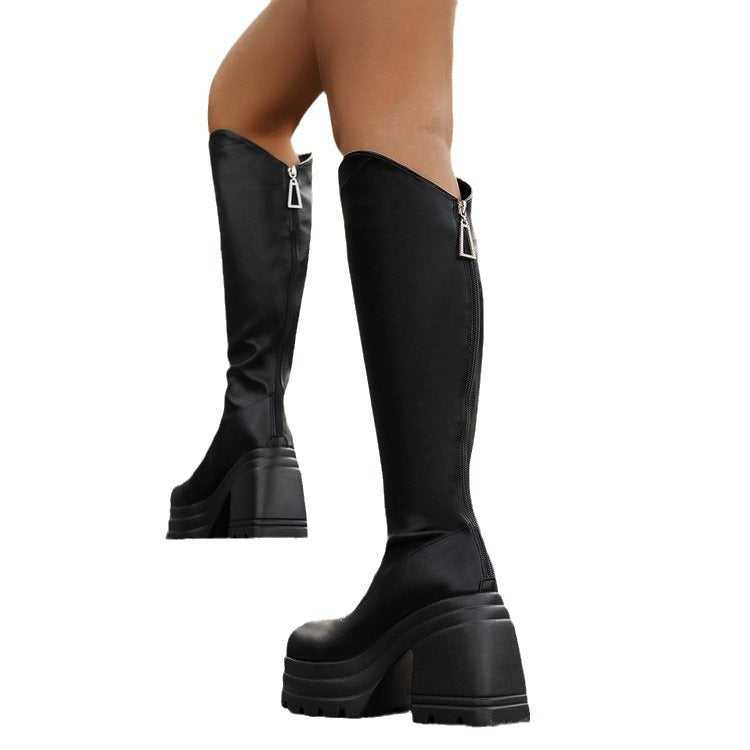 Women's knee-high platform boots with chunky tractor sole and elastic shaft Mune Fashion