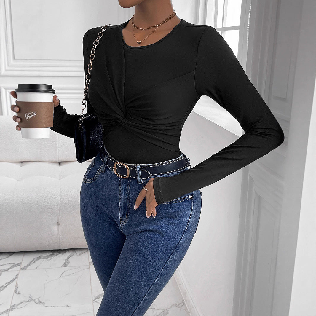 Women Figure-Hugging Long Sleeve Shirt with Twist Detail and Round Neckline Mune Fashion