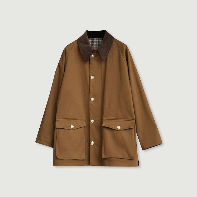 Men's short field coat with cord collar, snap button placket and patch pockets.
