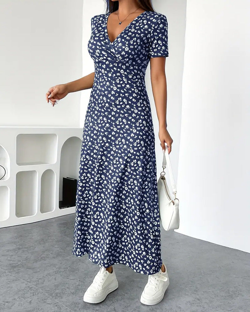 Women nan tailored V-neck wrap maxi dress made of viscose jersey with short sleeves and A-line hem Mune Fashion