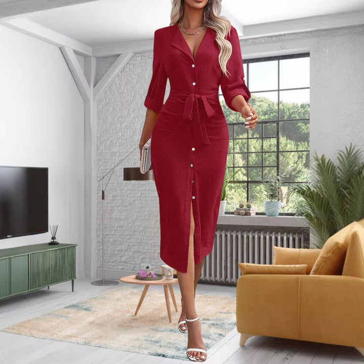 Women's shirt dress with waist belt, rolled sleeves and front slit Drune