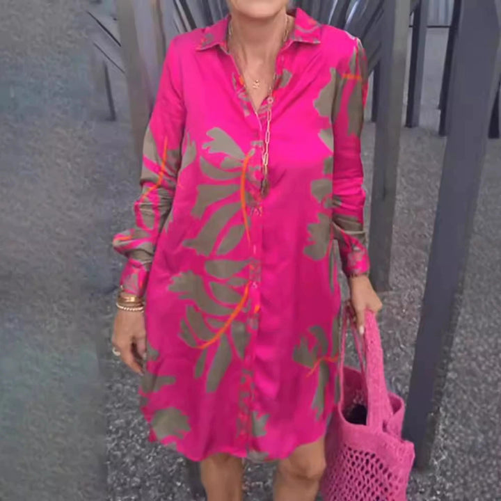 Women's short tunic shirt dress in satin look with large leaf print, shirt collar and loose A-line Mune Fashion