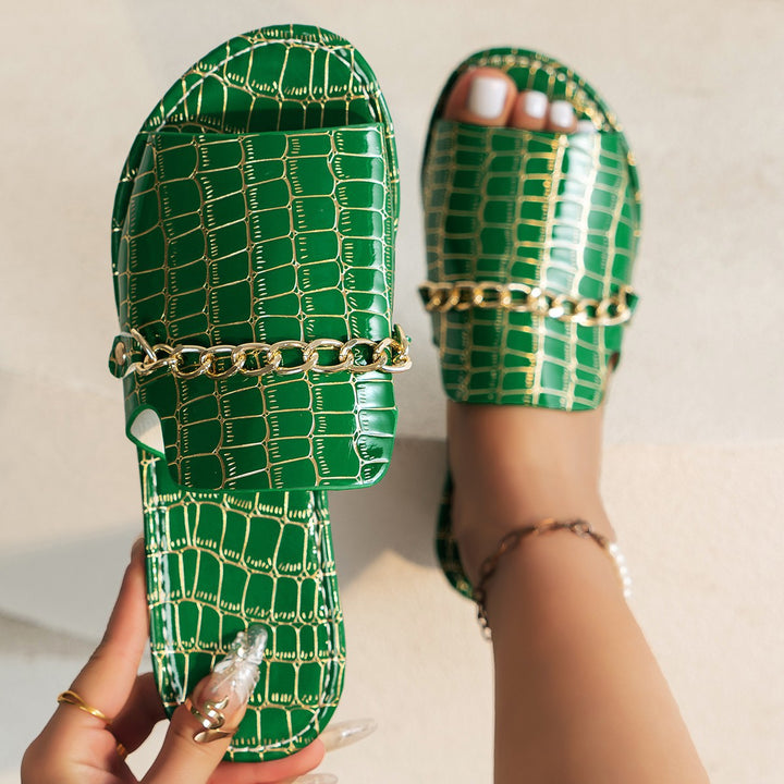 Women  Croco embossed faux leather slide with golden jewelry chain and cushioned comfort sole Mune Fashion