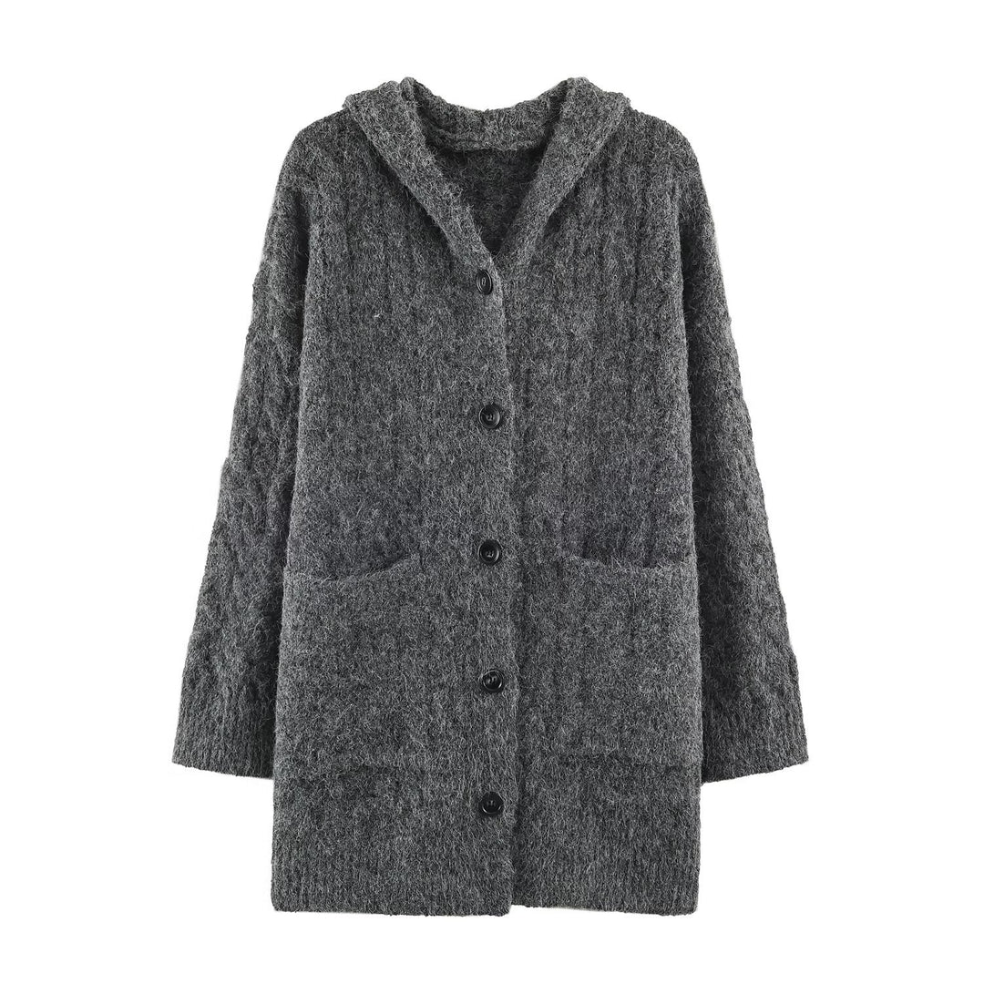 Women's Long Knitted Hooded Cardigan with Cable Pattern and Button Placket Mune Fashion