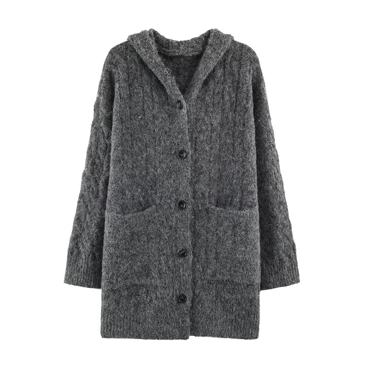 Women's Long Knitted Hooded Cardigan with Cable Pattern and Button Placket Mune Fashion