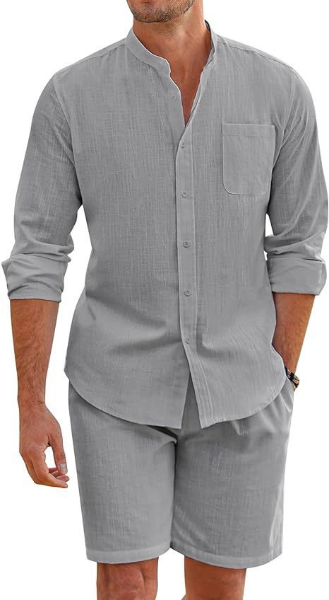 Men's linen-look two-piece set with stand-up collar shirt, chest pocket, and casual shorts Mune Fashion