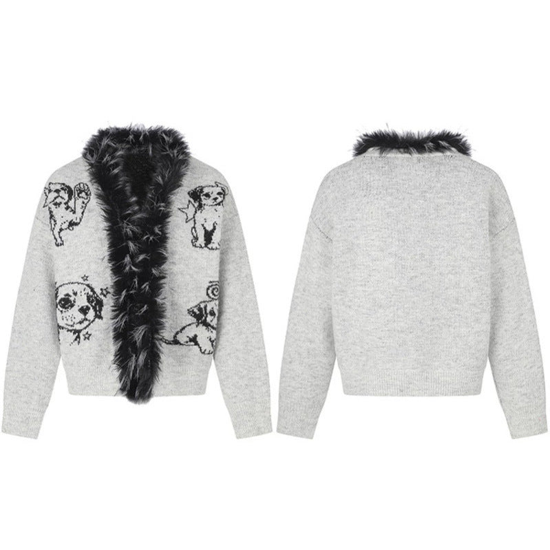 Women's cardigan with faux fur collar and illustrative dog motif Mune Fashion