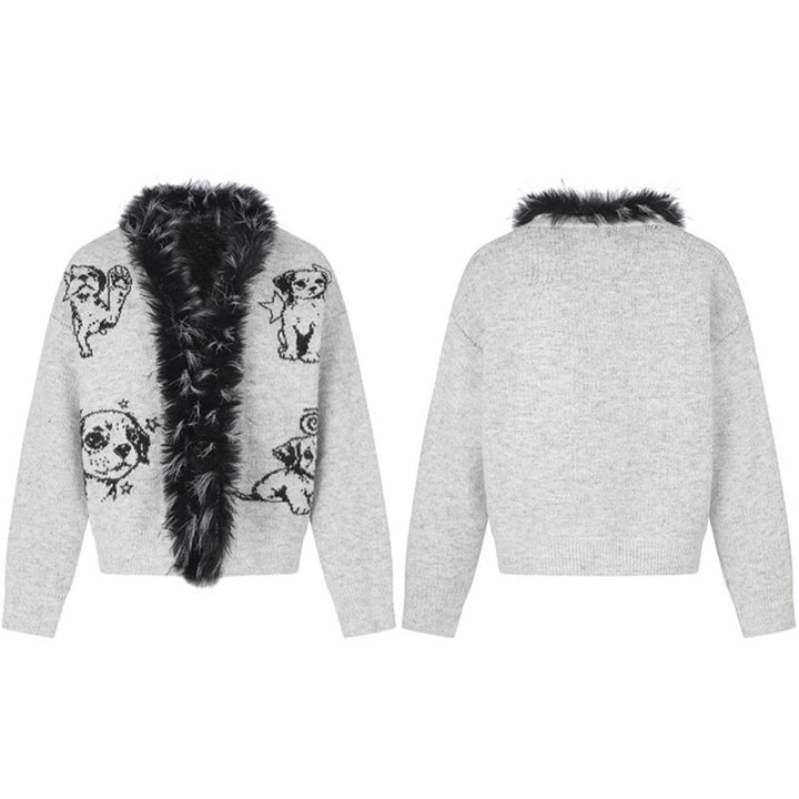 Women's cardigan with faux fur collar and illustrative dog motif Mune Fashion