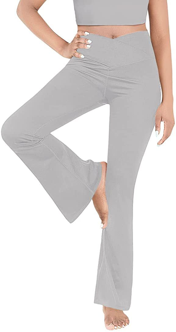 Women's mid-rise yoga pants with crossover waistband and flared hem with slit Mune Fashion