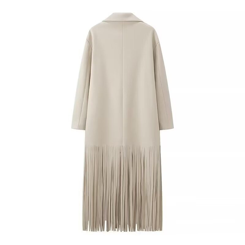 Women’s long coat with long fringe hem, boxy oversized silhouette, and lapel collar Mune Fashion