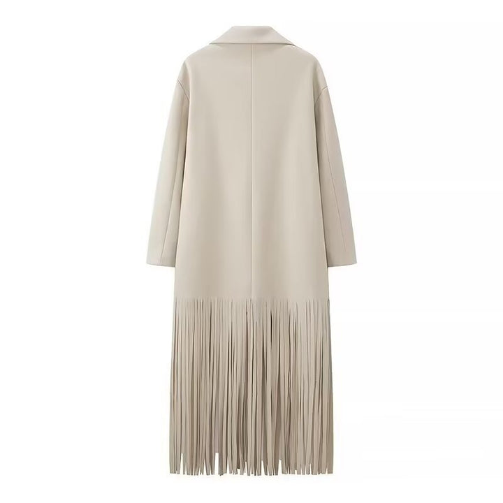 Women’s long coat with long fringe hem, boxy oversized silhouette, and lapel collar Mune Fashion