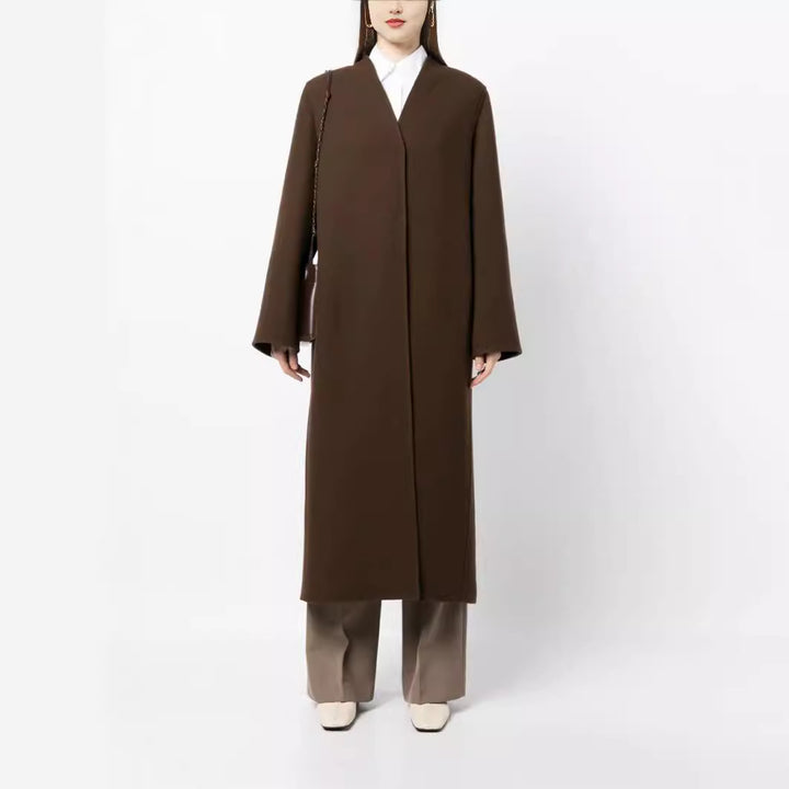 Women's Maxi-Length Minimalist Coat with Concealed Front and Boxy Shoulder Mune Fashion