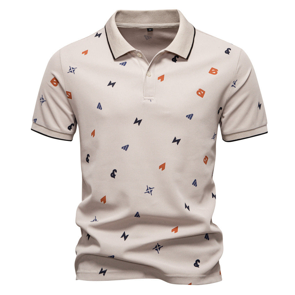 Men's short-sleeved pique polo shirt with geometric all-over print, kent collar, and contrast trim Mune Fashion