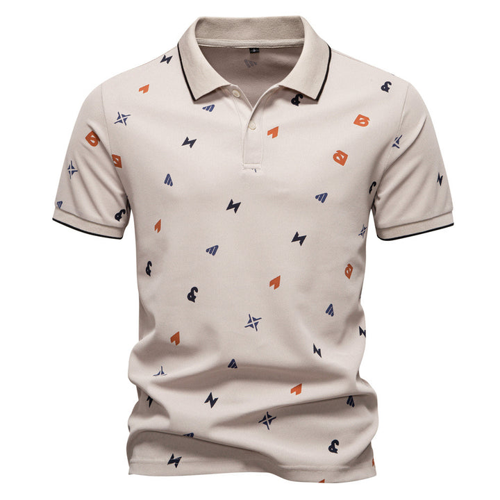 Men's short-sleeved pique polo shirt with geometric all-over print, kent collar, and contrast trim Mune Fashion