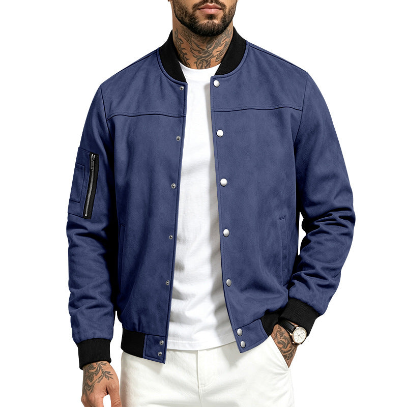 Men's Suede-Look Bomber Jacket with Snap Button Placket, Arm Pocket and Ribbed Cuffs Mune Fashion