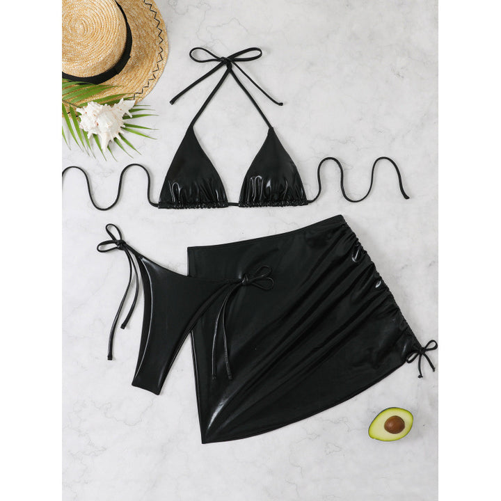 Women's Shiny Triangle Bikini Set with Wrap Skirt Mune Fashion