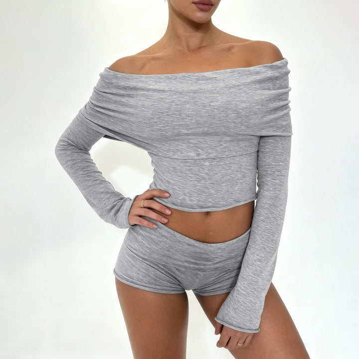 Women's Off-Shoulder Lounge Set with Long Sleeve Crop Top and High Waist Shorts made of Stretch Jersey Mune Fashion