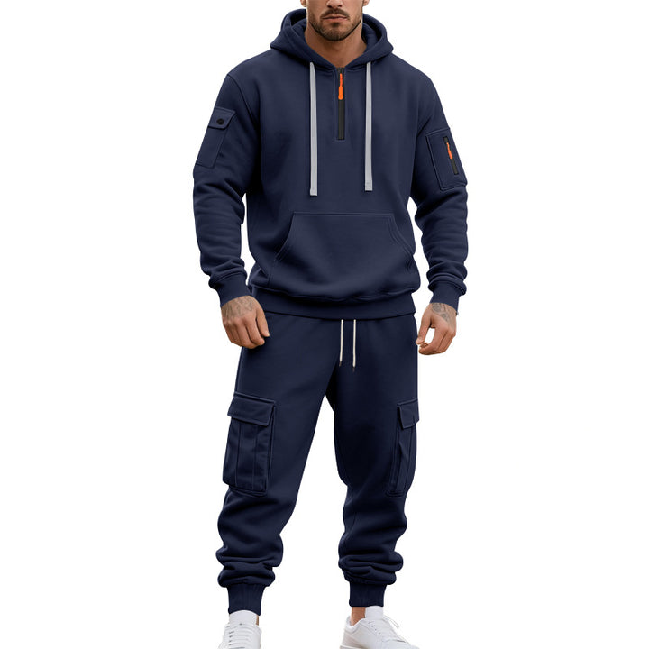 Men's two-piece utility casual set hoodie with half-high zipper, arm pocket, and cargo jogging pants with flap pockets Mune Fashion
