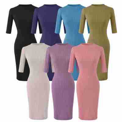 Women's fitted ribbed midi dress with half sleeves and stand-up collar Mune Fashion