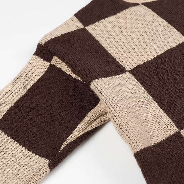 Women's Oversize Knit Sweater with Large Check Pattern and Ribbed Hem Mune Fashion