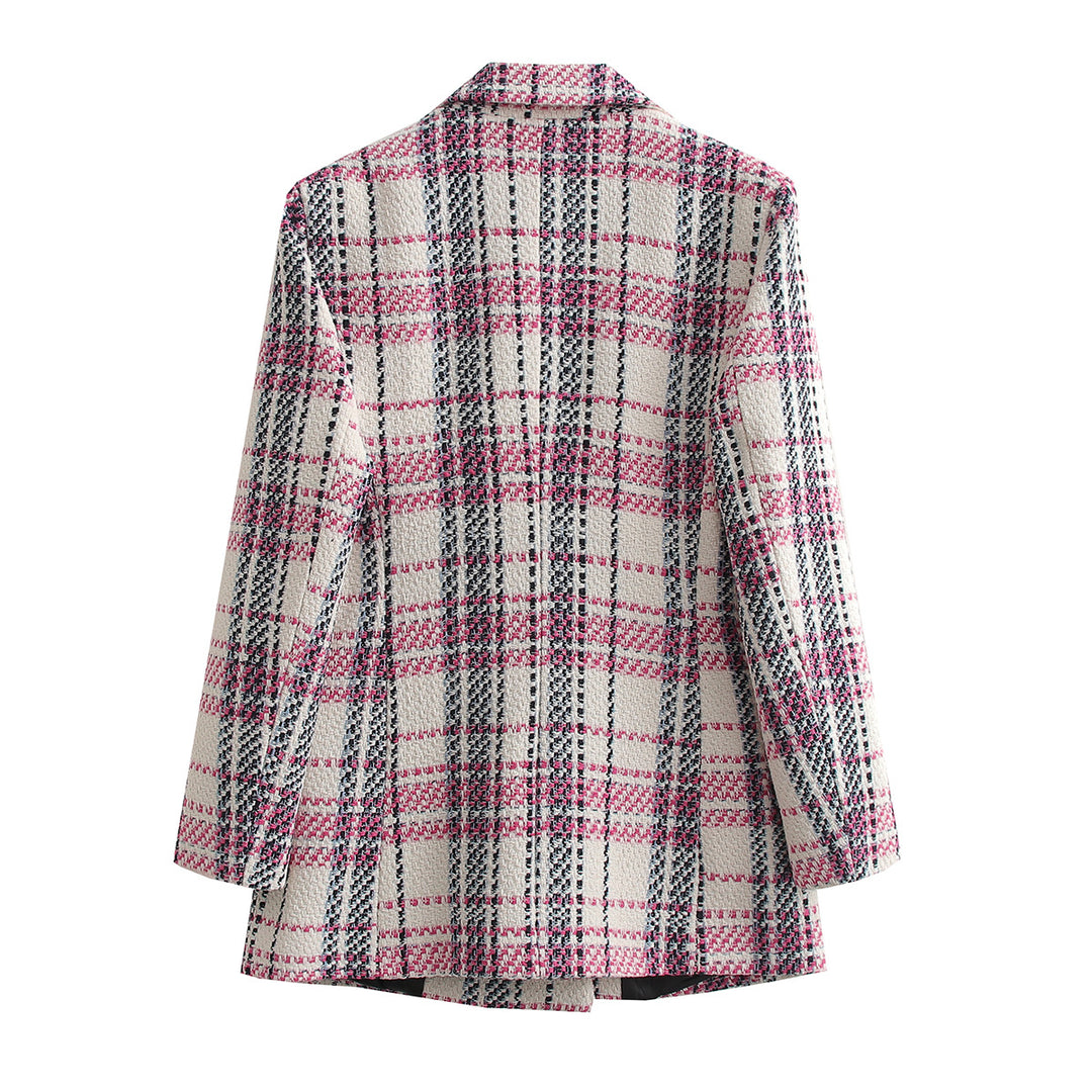 Ladies Boucle Tweed Long Blazer with Double Breasted Closure and Flap Pockets Mune Fashion