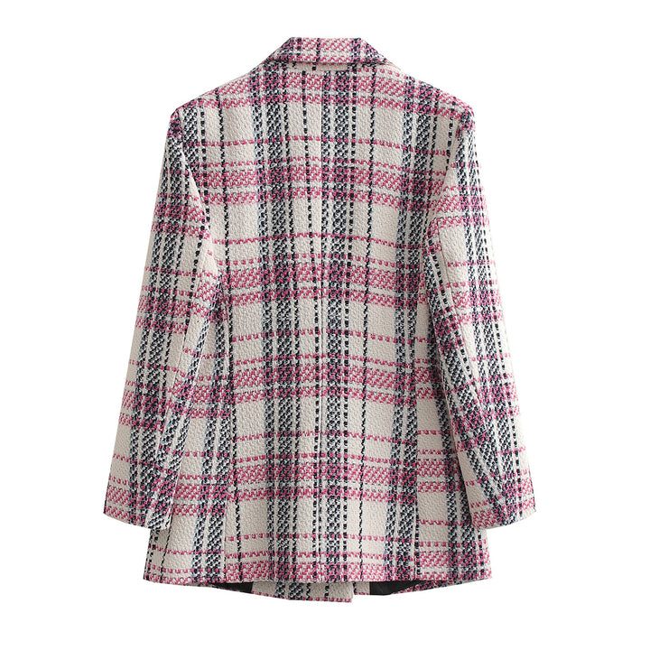 Ladies Boucle Tweed Long Blazer with Double Breasted Closure and Flap Pockets Mune Fashion