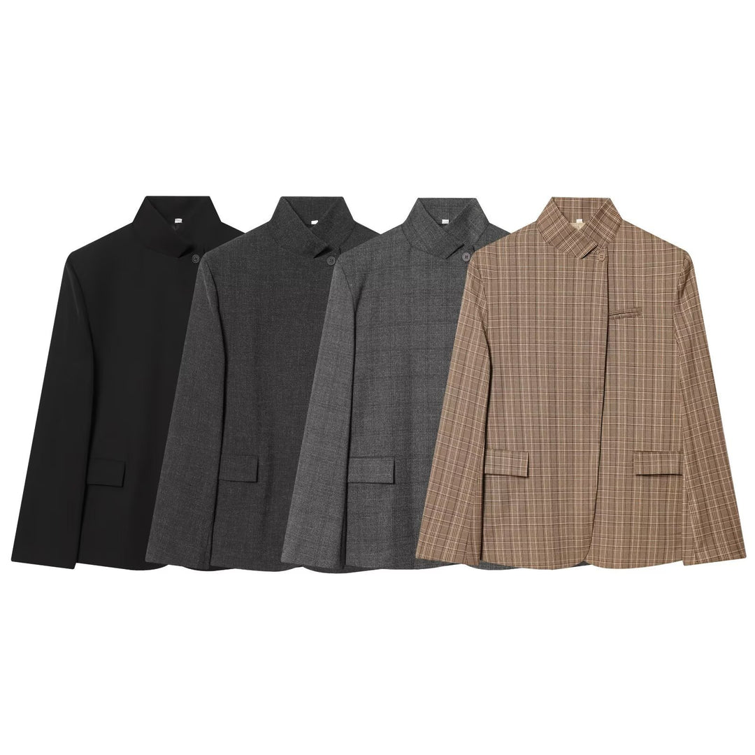 Women's Tailored Checked Blazer with Stand Collar and Concealed Button Placket Mune Fashion