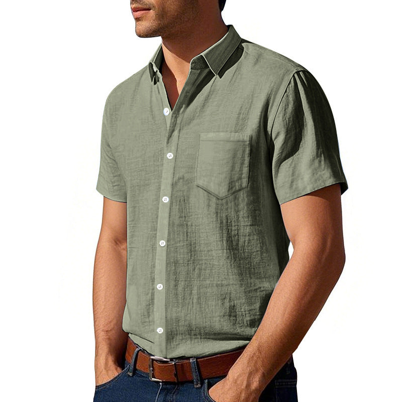 Men's short-sleeved textured shirt made of breathable slub linen with a spread collar, chest pocket, and straight hem Mune Fashion