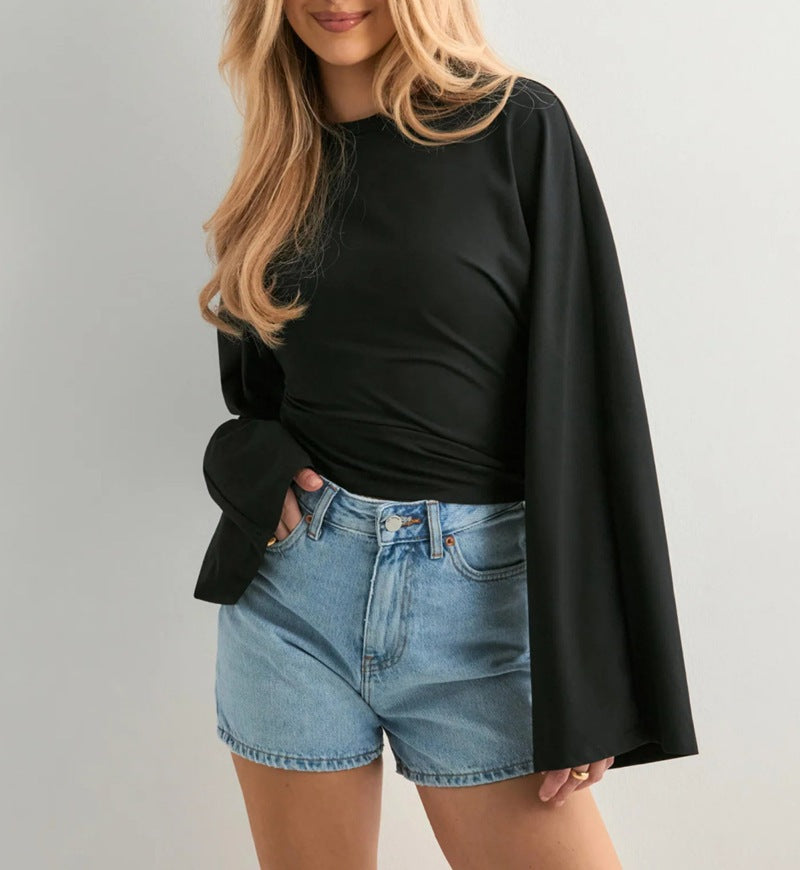 Ladies cropped fitted top with extra wide batwing sleeves Mune Fashion