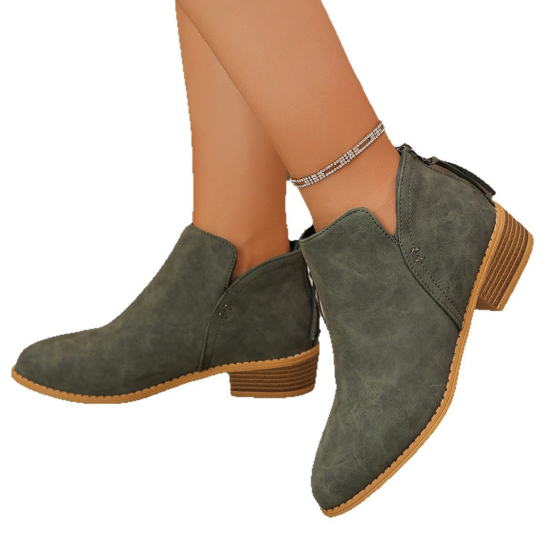 Women ankle-high booties with V-cut, back zip tassel, and stacked block heel Mune Fashion