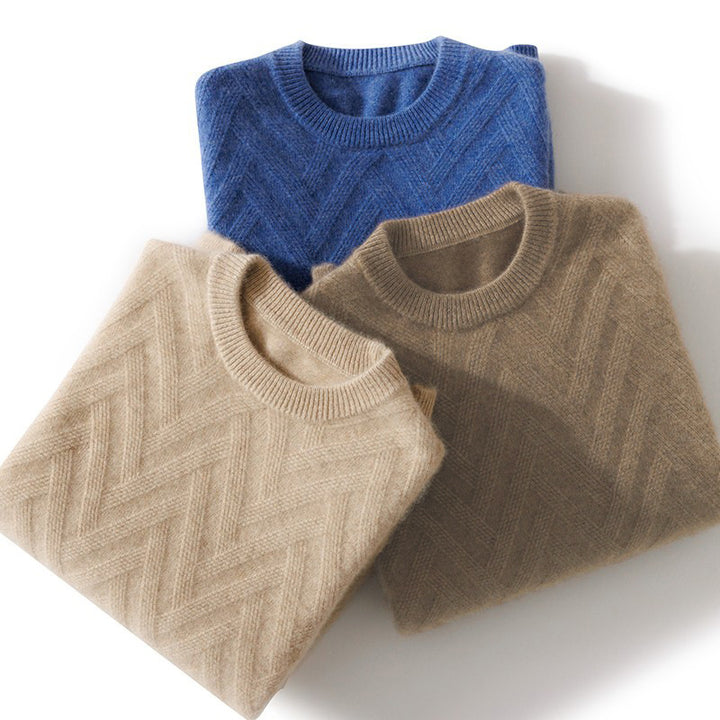 Men's Fine Crew Neck Sweater made of Cashmere Blend with Chevron Structure Mune Fashion