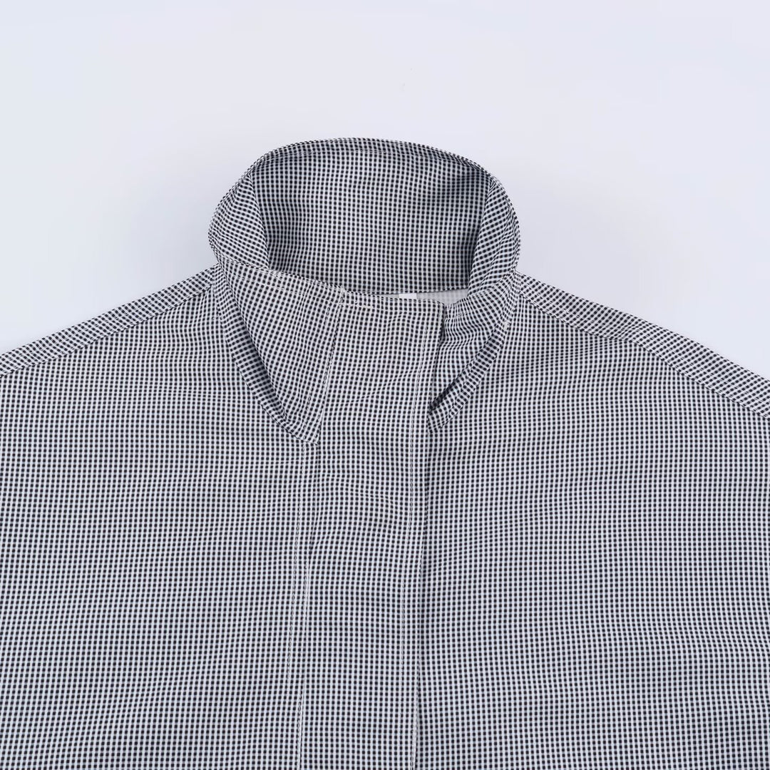 Women's Cropped Transitional Jacket with Stand-up Collar, Drawstring, and Fine Checkered Pattern