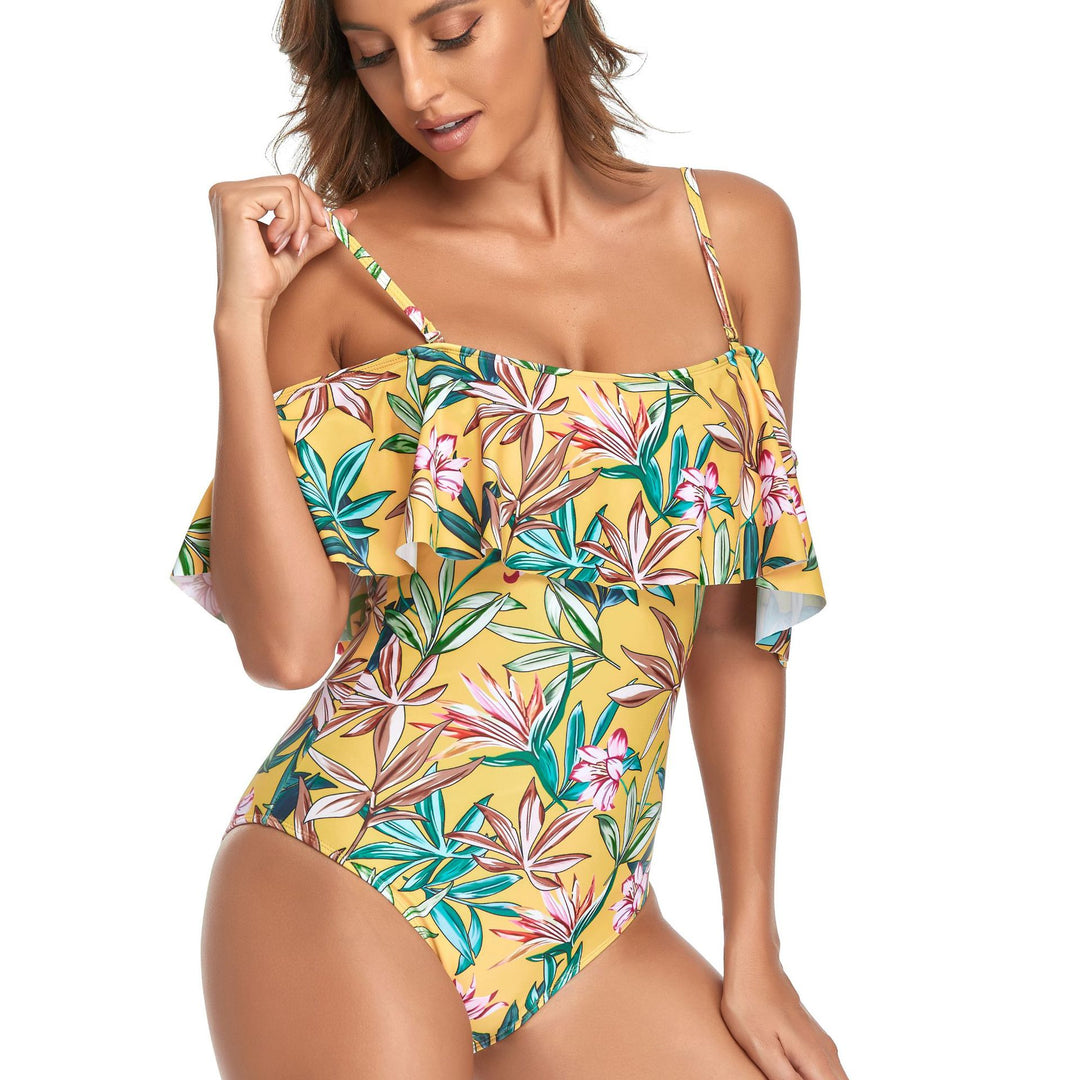 Women's One-Piece Swimsuit with Ruffle Details and Floral Pattern Mune Fashion