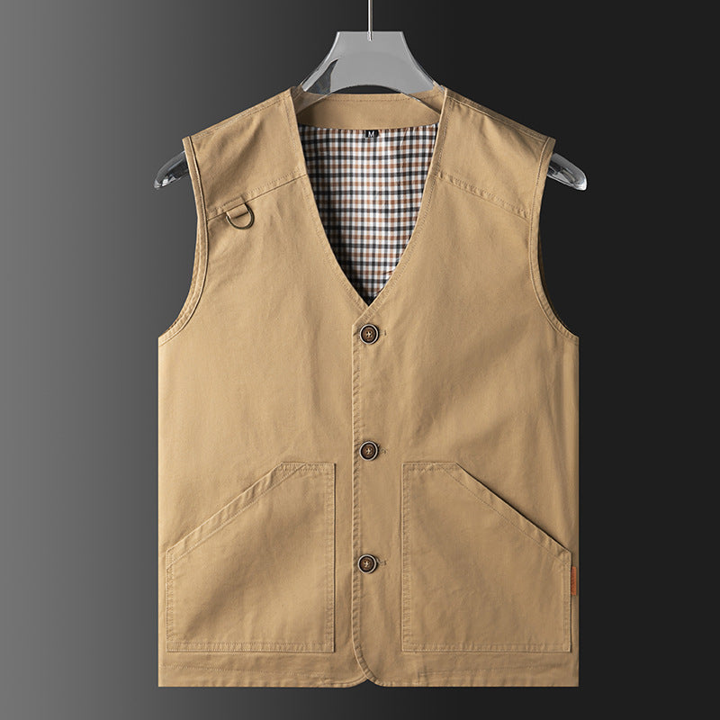 Men's Lightweight Cotton Canvas Vest with Checkered Lining, V-Neck and Large Front Pockets Mune Fashion