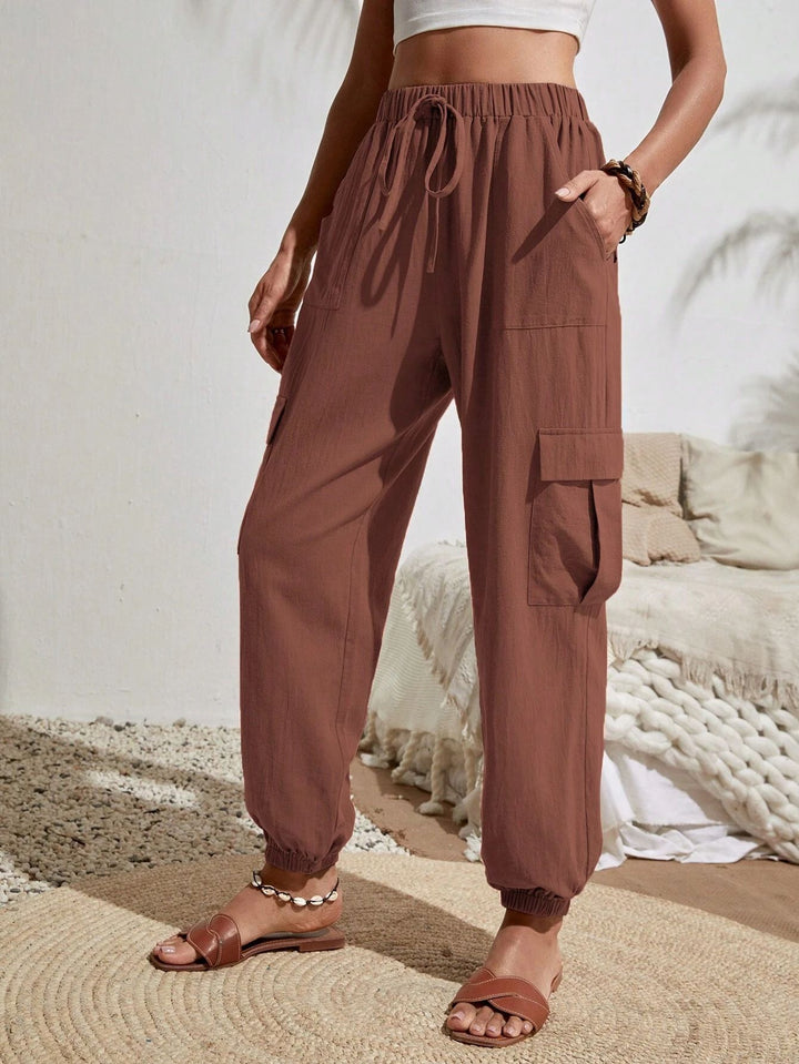 Women Cargo Jogging Pants with Elastic Waistband, Drawstring and Patch Pockets Mune Fashion