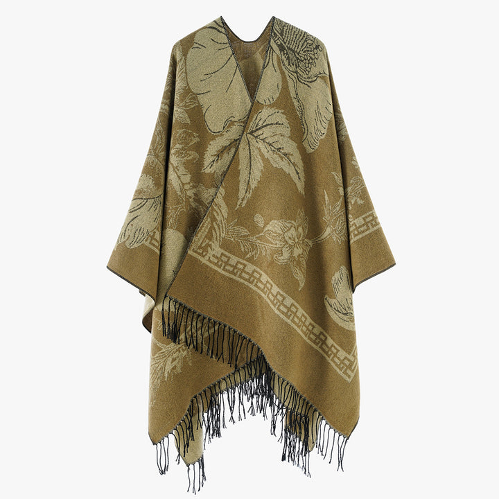 Women's lightweight jacquard poncho with floral all-over pattern, asymmetrical pointed hem and fringes