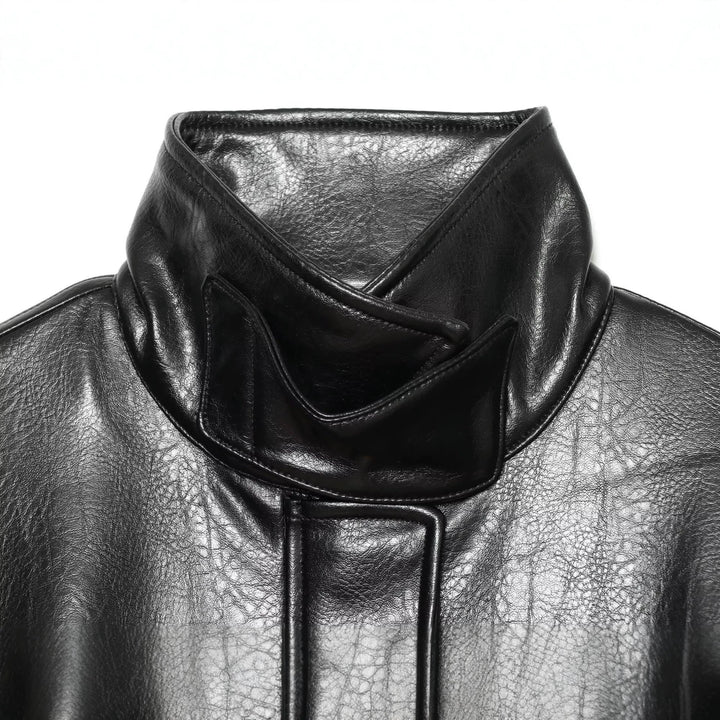 Women's Short Oversized Faux Leather Trench with High Stand Collar and Waist Belt Drune