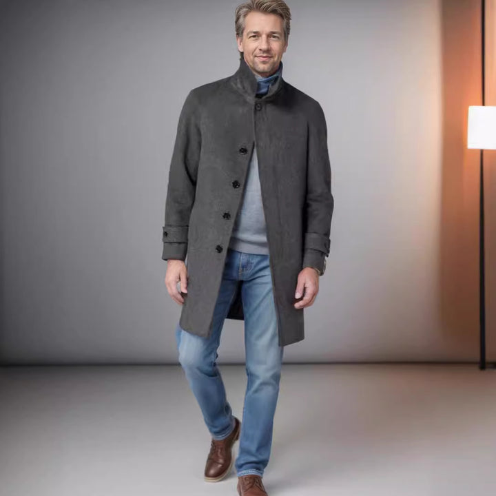 Men's coat mid-length made of wool blend with tie belt and concealed button placket Mune Fashion