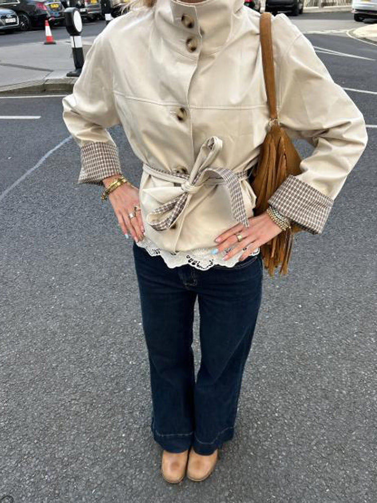 Women's Short Tailored Faux Leather Jacket with Stand-Up Collar, Check Cuffs & Tie Belt Mune Fashion