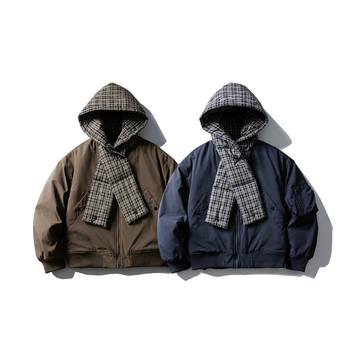 Men's Windproof Bomber Jacket with Quilted Checkered Hood and Integrated Scarf Mune Fashion
