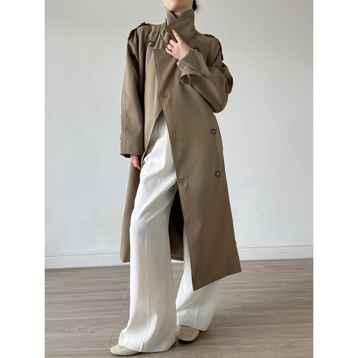 Women's Oversized Trench Coat with Raglan Sleeves and Double-Breasted Button Placket Mune Fashion
