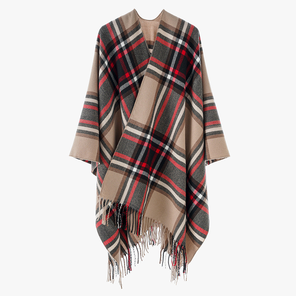 Women Checkered Oversized Throw Poncho with V-Neck and Fringed Hem Mune Fashion